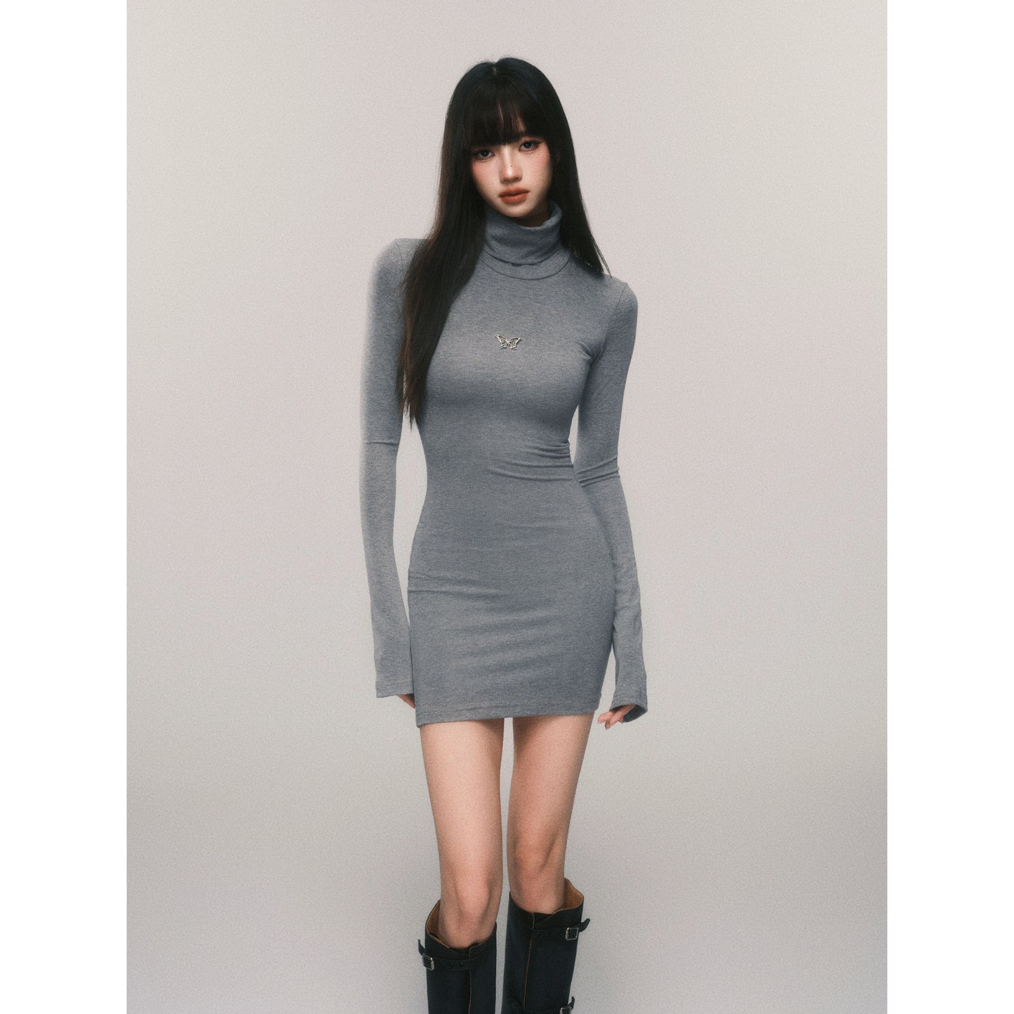 High-Neck Bell-Sleeve Midi Dress (Minimalist Stretch Design)