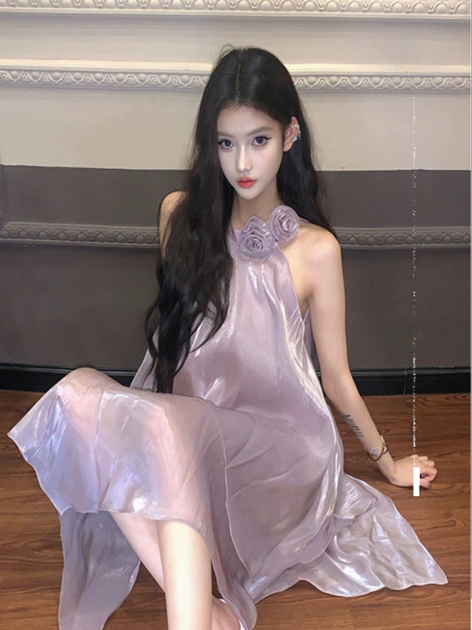 Purple Halterneck Mesh Dress – Celebrity-Inspired Irregular Tulle Skirt