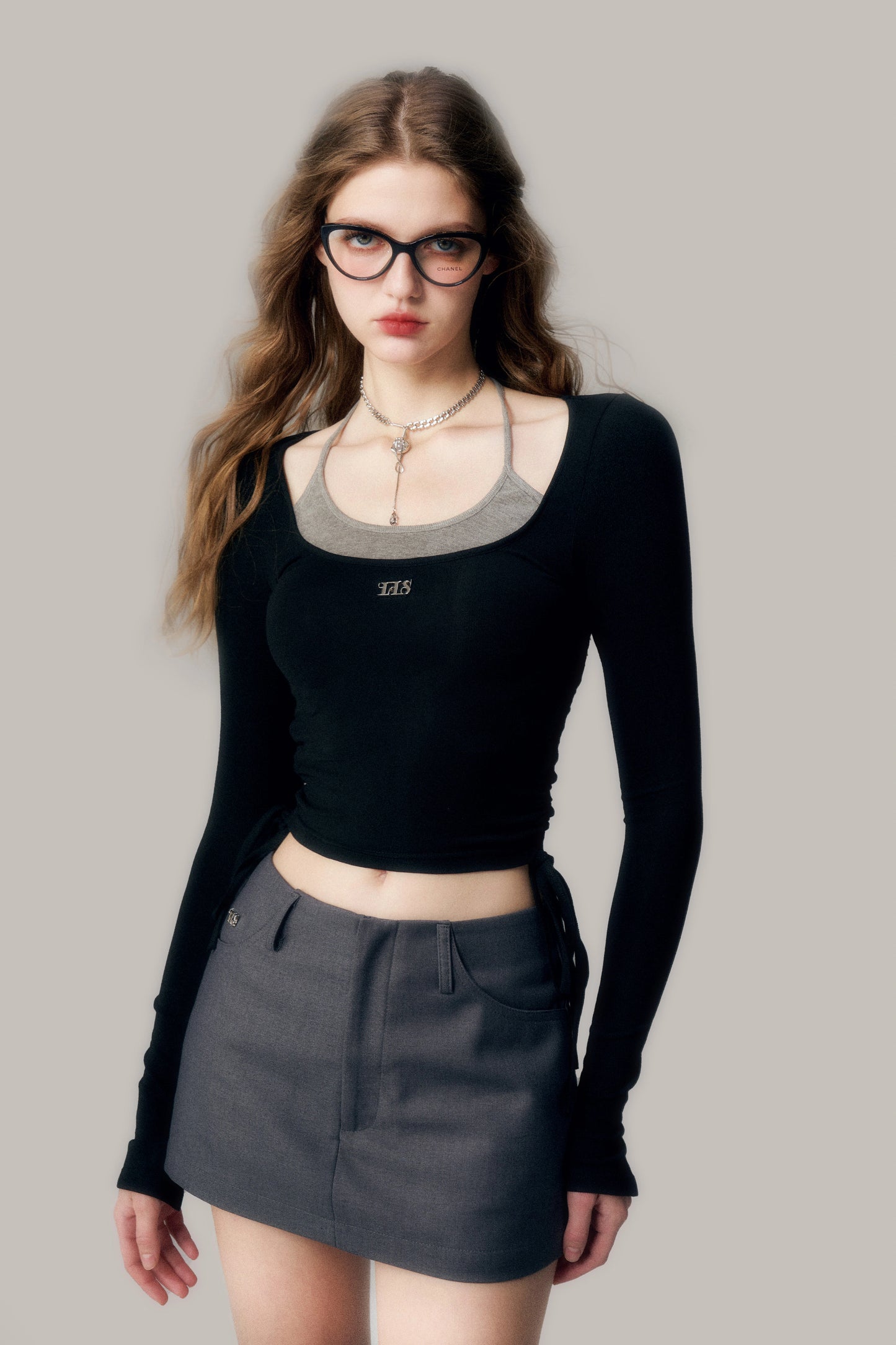 Ballet Style Fake Two-Piece Hanging Neck Top