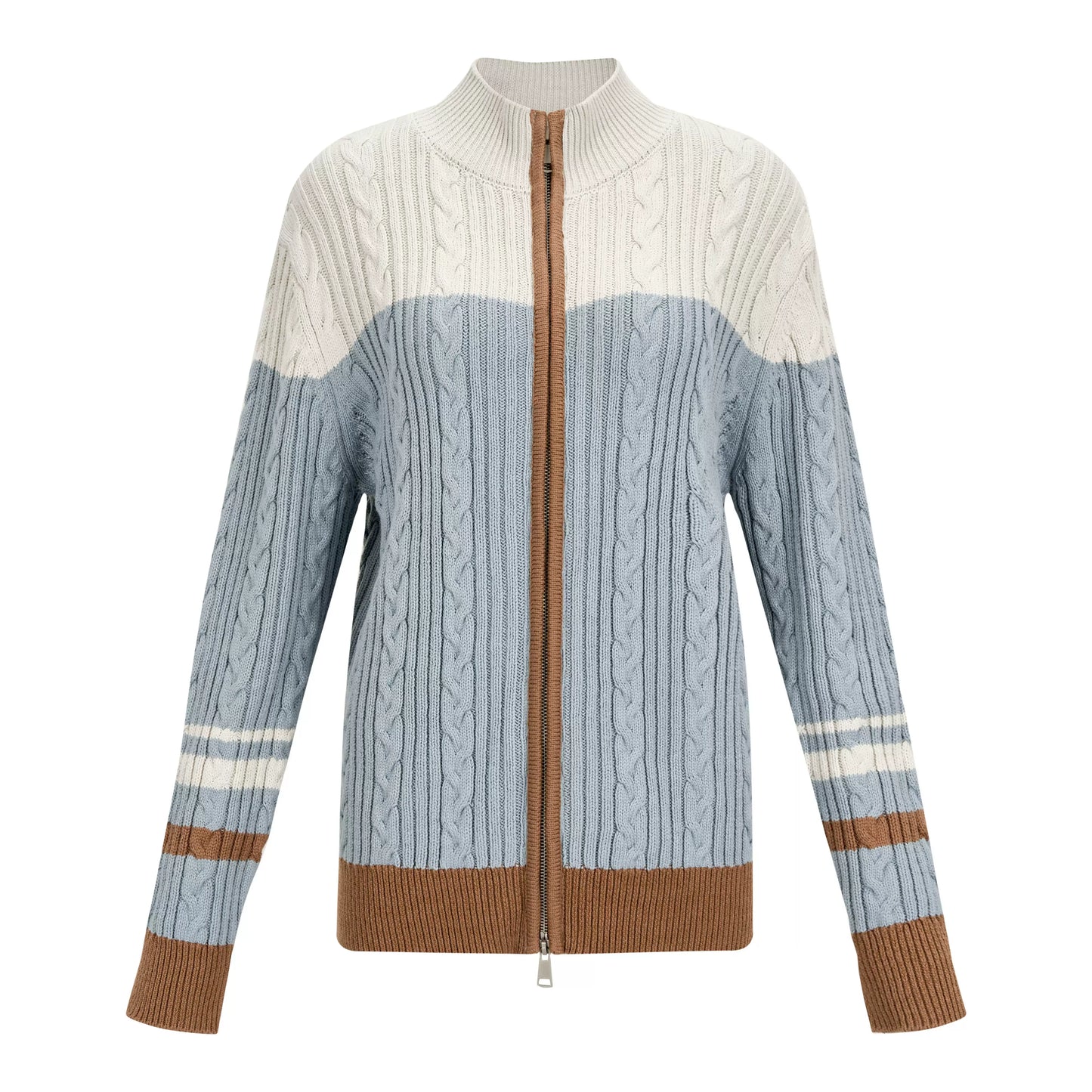 가을과 겨울 고급 스탠딩 목 대비 꼬인 꽃 지퍼 가디건 슬림 한 스웨터 코트 여성