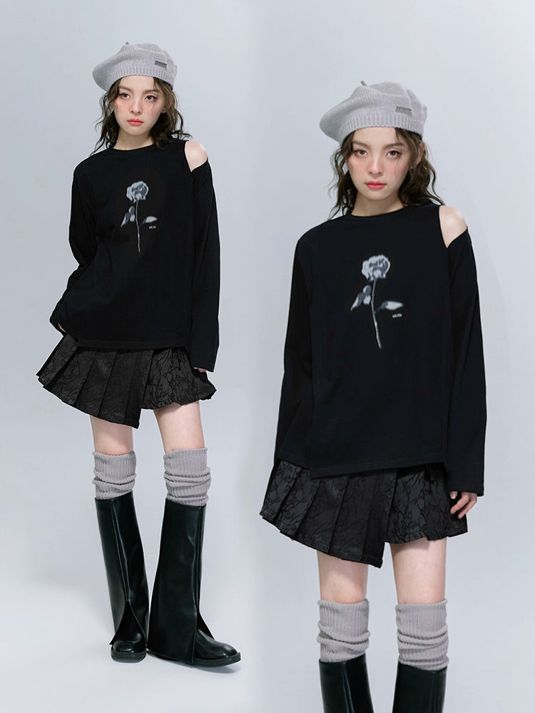 Rose Phantom Off the Shoulder Hollow Long T-shirt