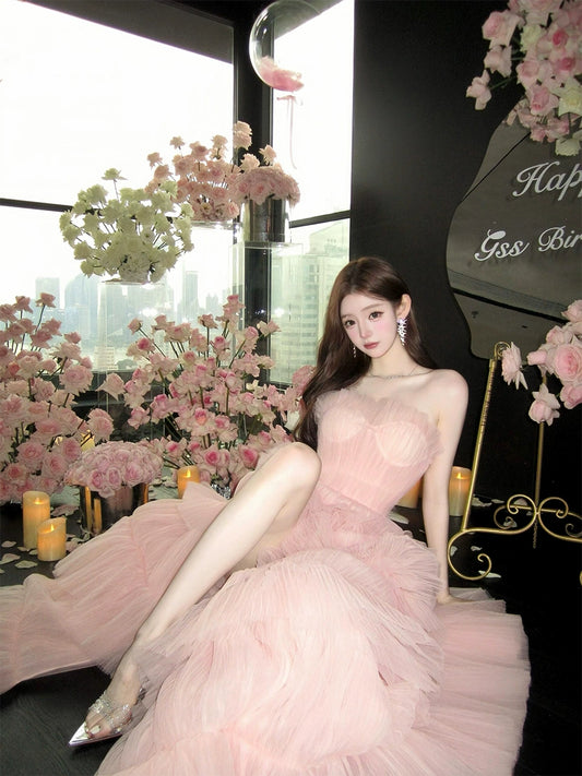 Pink Princess Bandeau Dress – Fairy-Tale Cake Tutu Gown