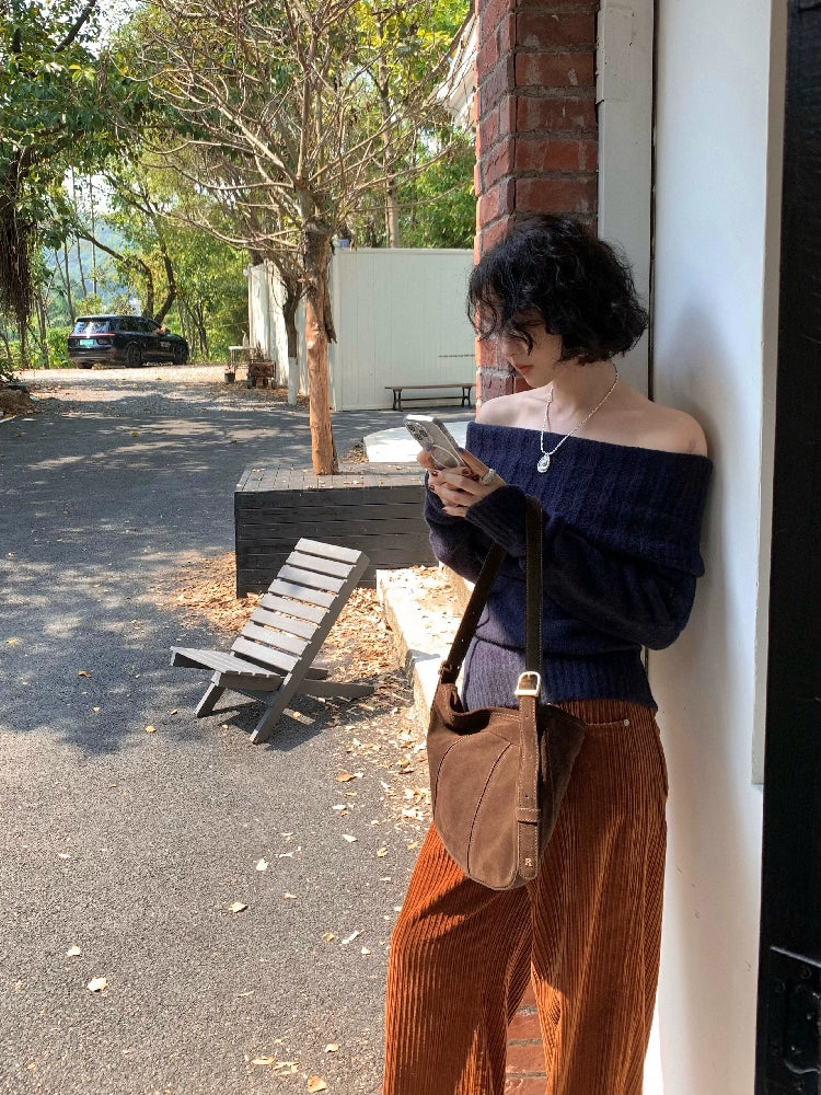 Retro Lazy One-Shoulder Wool Sweater – Relaxed Fit