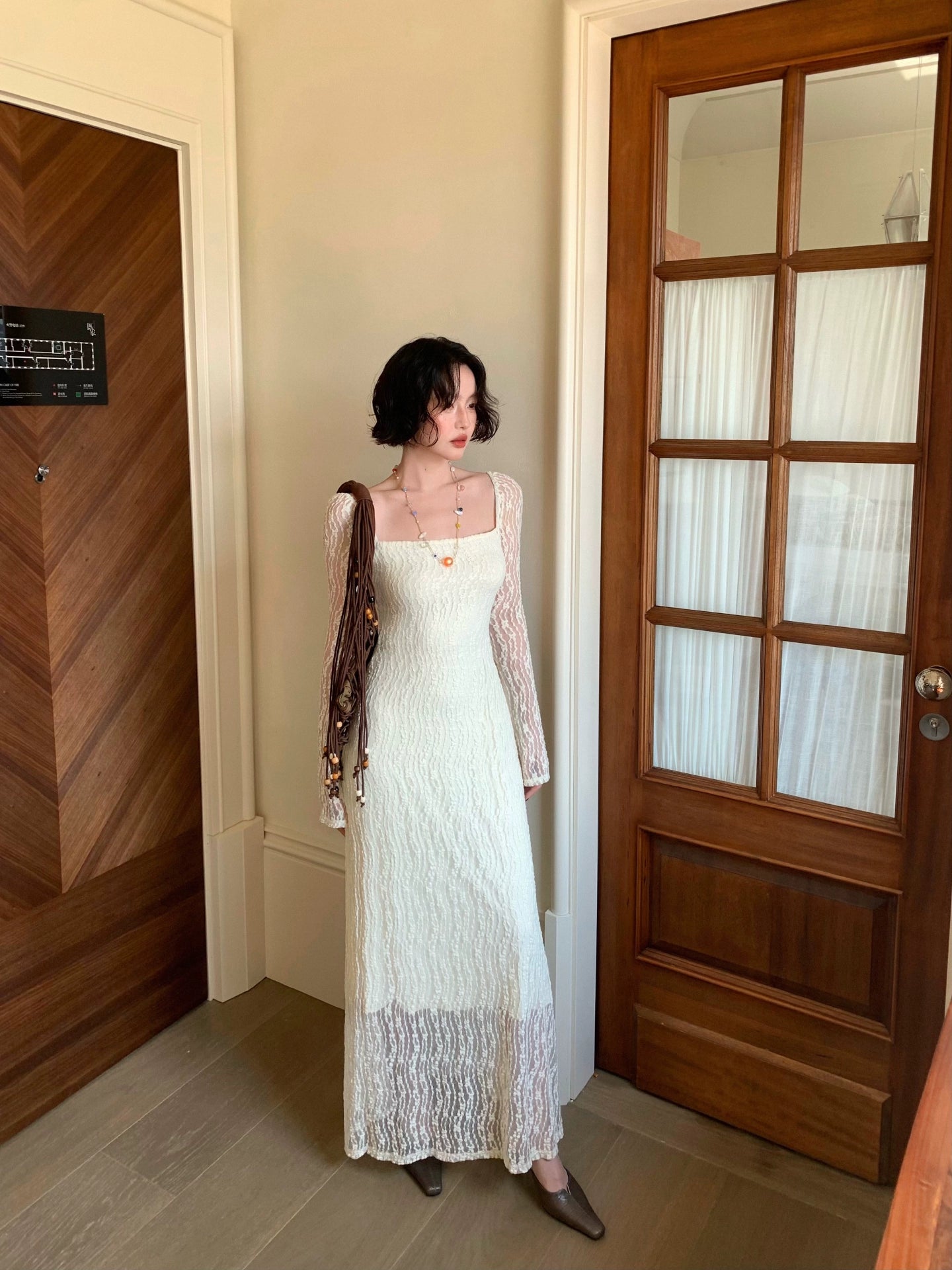 Emerald Bamboo Shadow Lace Square-Neck Long Dress – French Retro Autumn