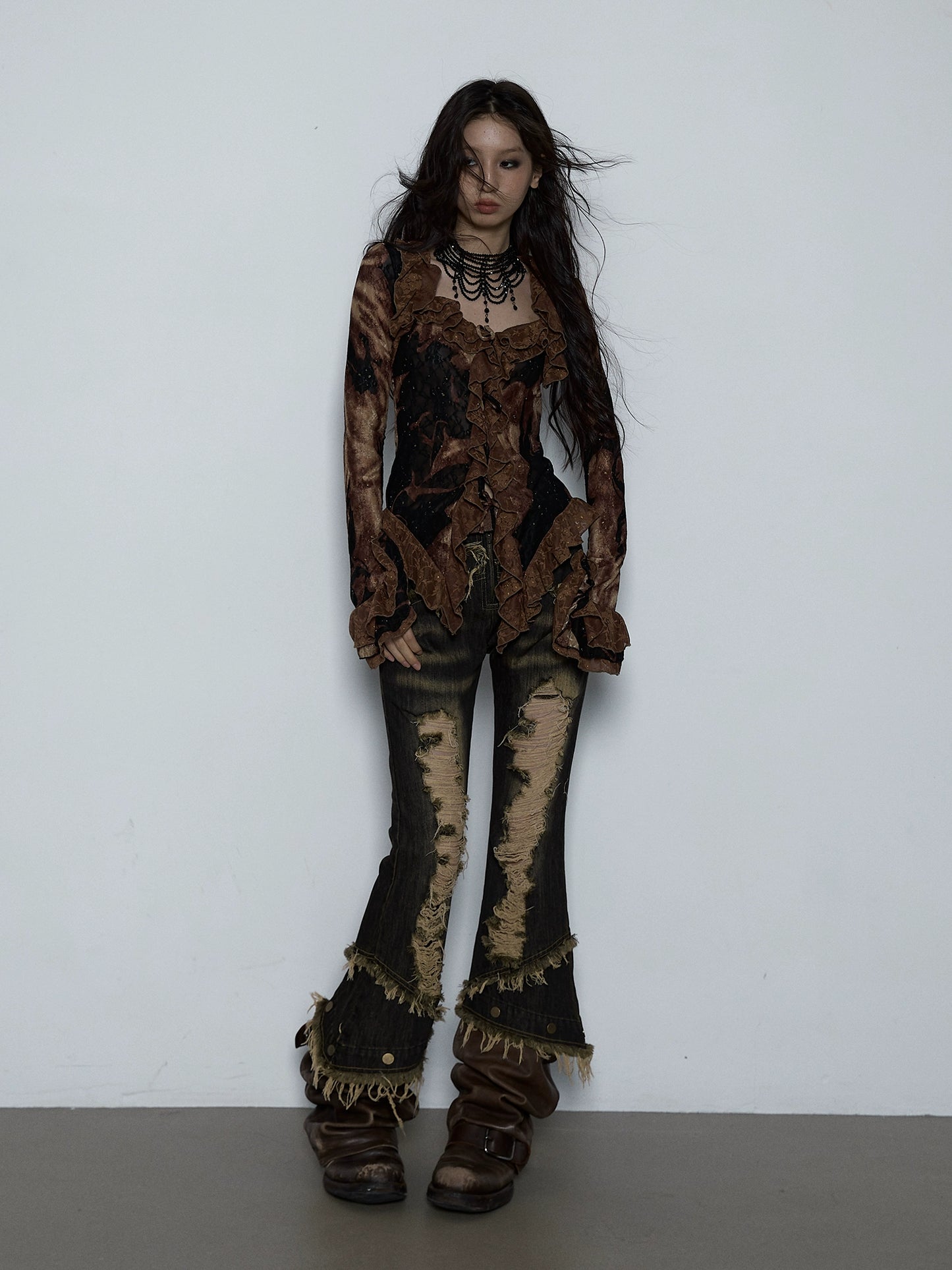 Ripped Raw Edge Cropped Flared Jeans | Retro Hot Girl Two-Wear Design