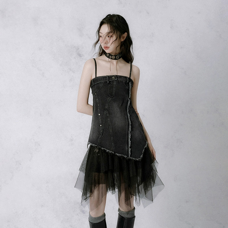 Waste Soil Denim Ragged Edge Splicing Black Sling Dress