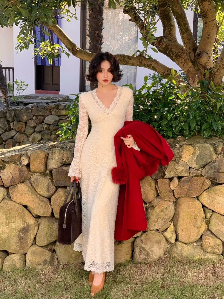 Nanzhi French V-Neck Lace Long Dress – Premium Elegance