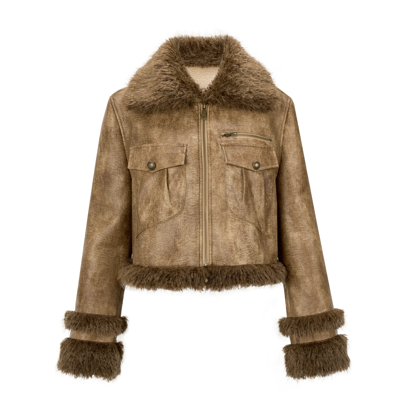 겨울 모피 통합 친환경 가죽 스트리트 레트로 브라운 하이 허리 여성을위한 느슨한 피팅 모피 코트