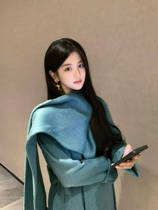 Blue Double-Sided Cashmere Coat – Elegant Long Scarf Woolen Outerwear
