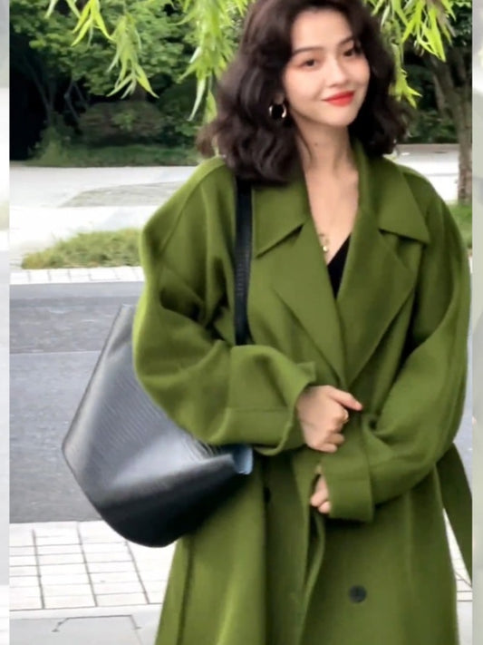 Green Reversible Cashmere Coat – Hepburn-Inspired Midi Lapel Jacket