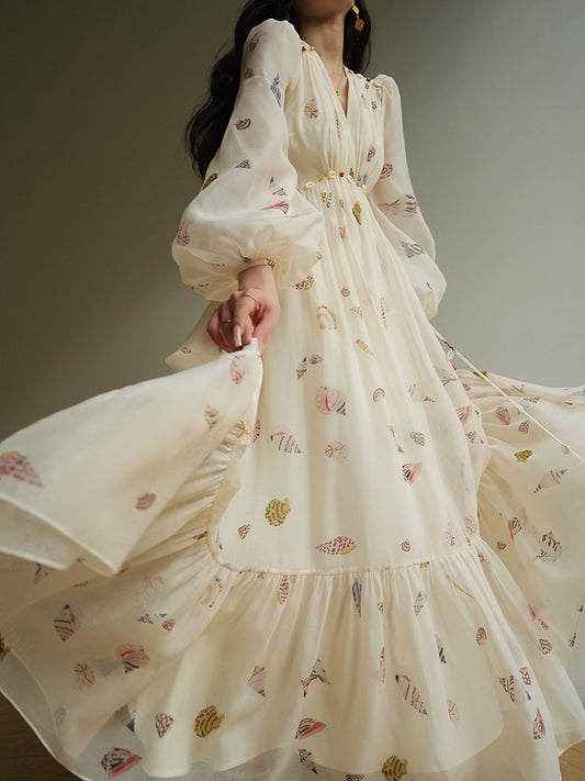 French Print Resort Maxi Dress – Elegant Swing Fit