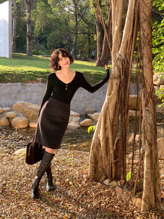 Striped Tweed Wool Skirt – Thickened High-Waisted Fit