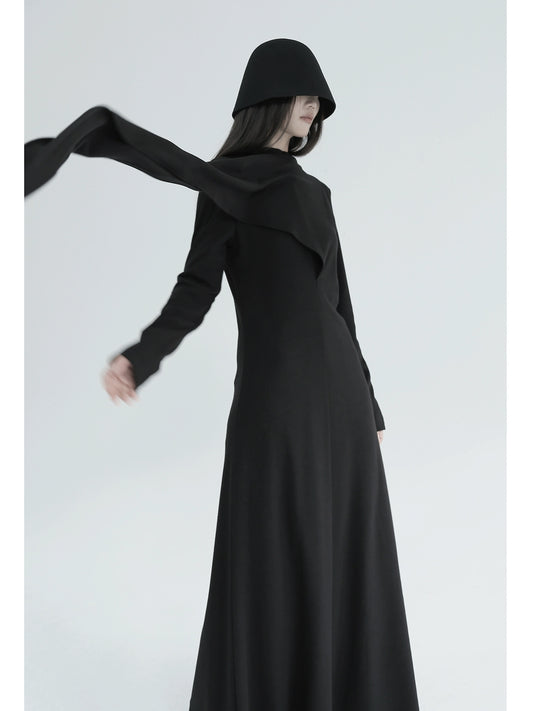Solid Color High-Neck Knit Dress with Scarf Two-Wear Option