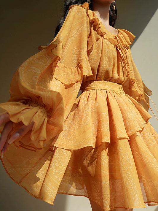 French Print Ruffle Blouse & Skirt Set – Sweet Girl Style