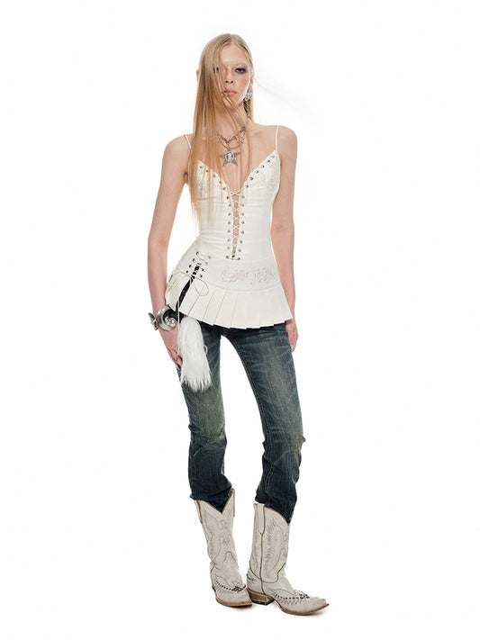 Cropped Leather Pleated Waistband Top with Vintage Embroidery