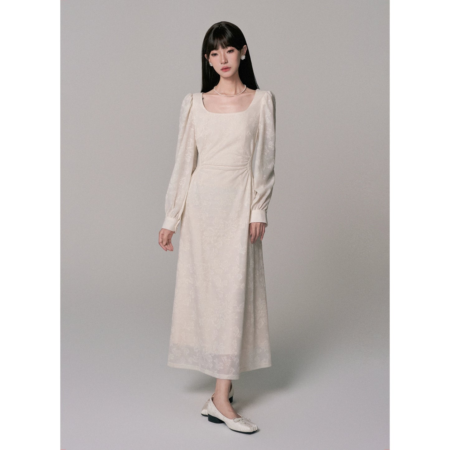 French U-Neck Puff Sleeve A-Line Long Dress for Women
