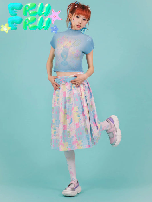 Gollum Store Original cartoon dolphin cute girl powder blue print pleated midi skirt for spring and summer