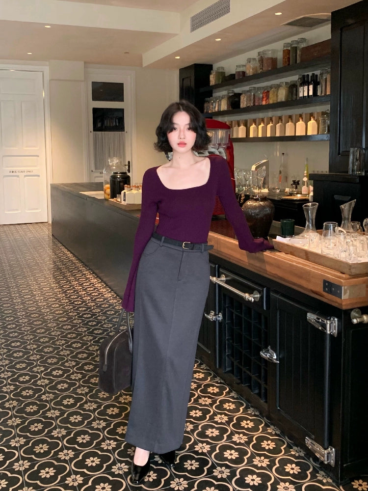 Mist Buttoned Bell Sleeve Square Neck Knit Top – Retro Design