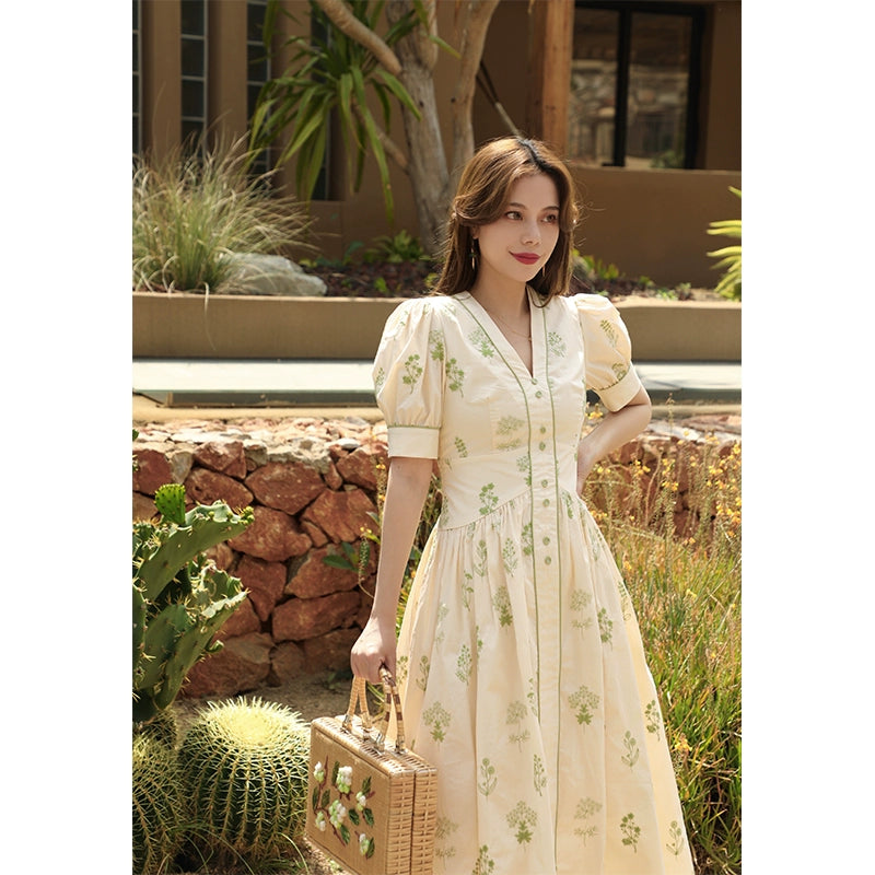Almond Milk Green Embroidered Parent-Child Dress