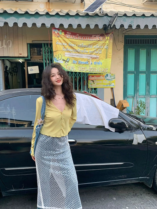 Cárdigan de punto con cuello en V retro francés