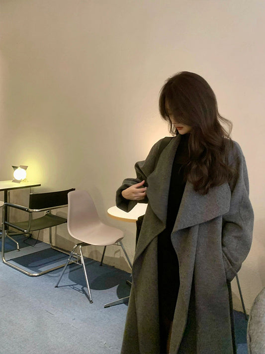 Gray Double-Sided Cashmere Coat – Loose-Fit Long Cloak Wool Jacket