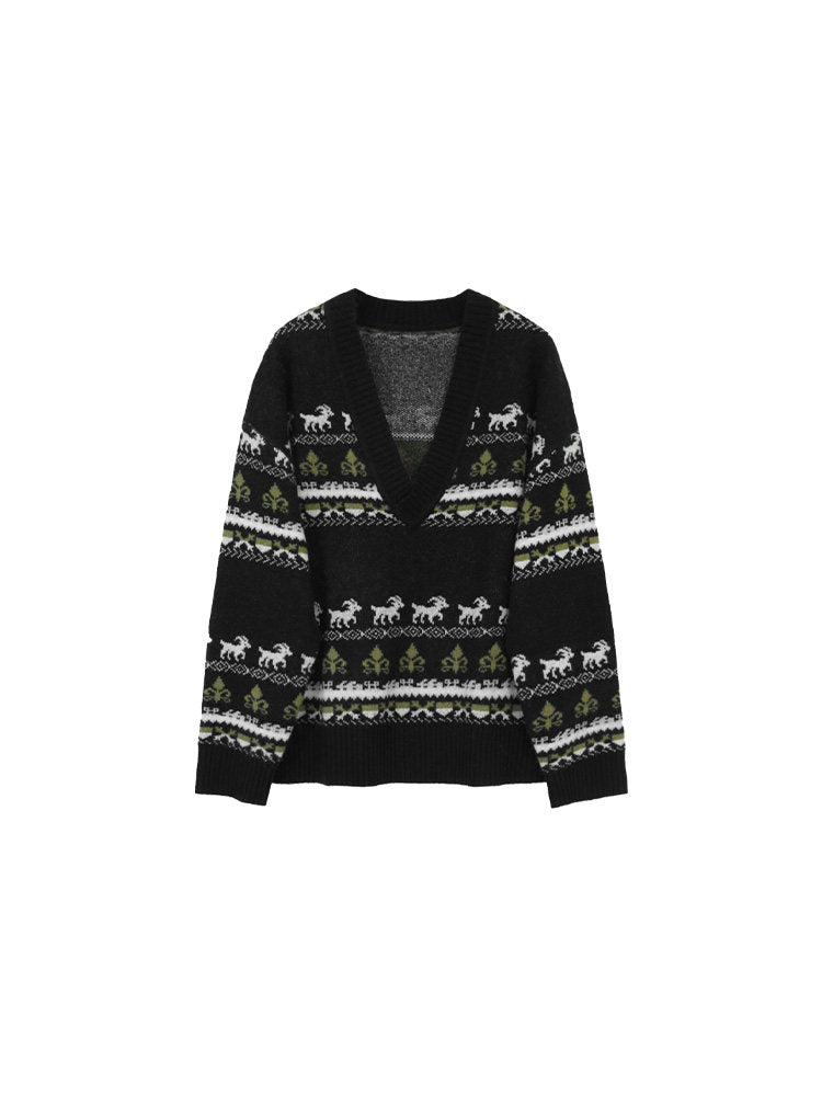 Fair Isle Wool V-Neck Knit Sweater – Hong Kong Retro Autumn/Winter Style