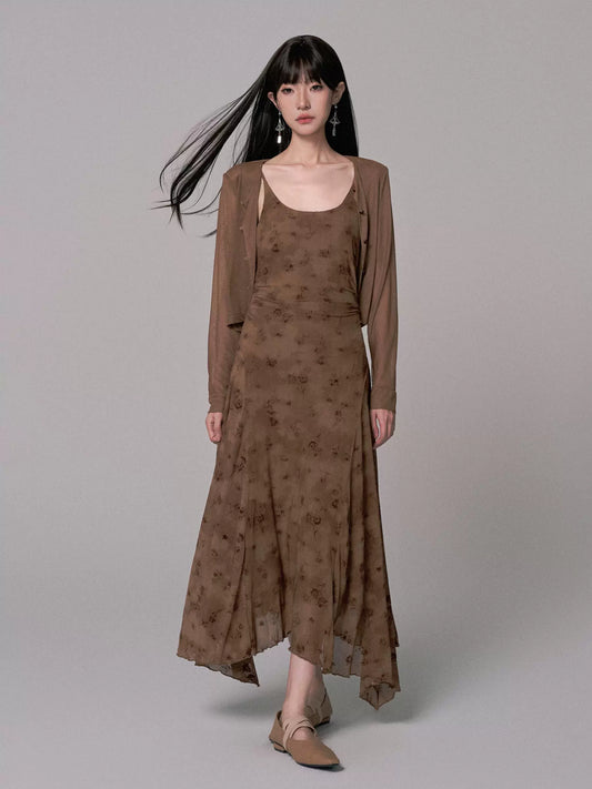 U-Neck Knitted Cardigan Dress Two-Piece Set for Women