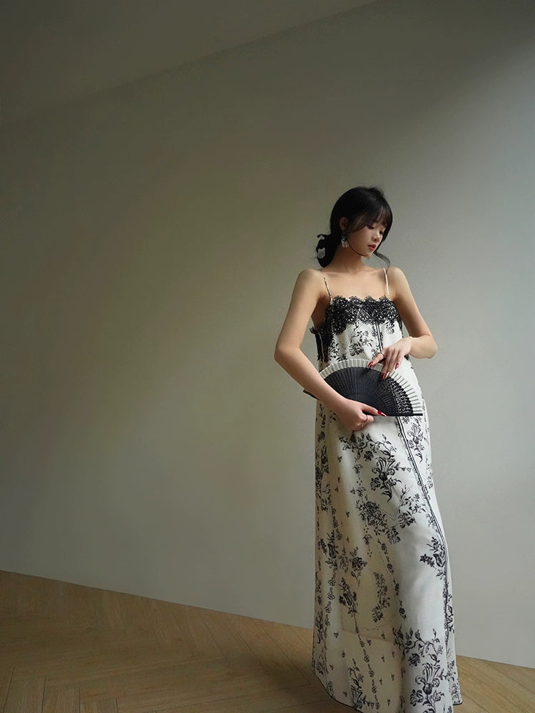 Ink Print Sundress – Slim Lace Aesthetic