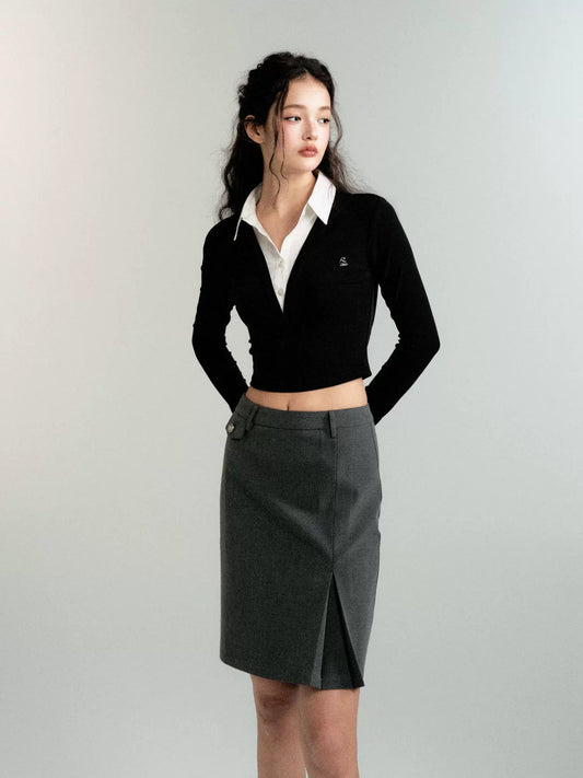 Faux Two-Piece Shirt Collar Slim Knitwear (Office Lady Style)