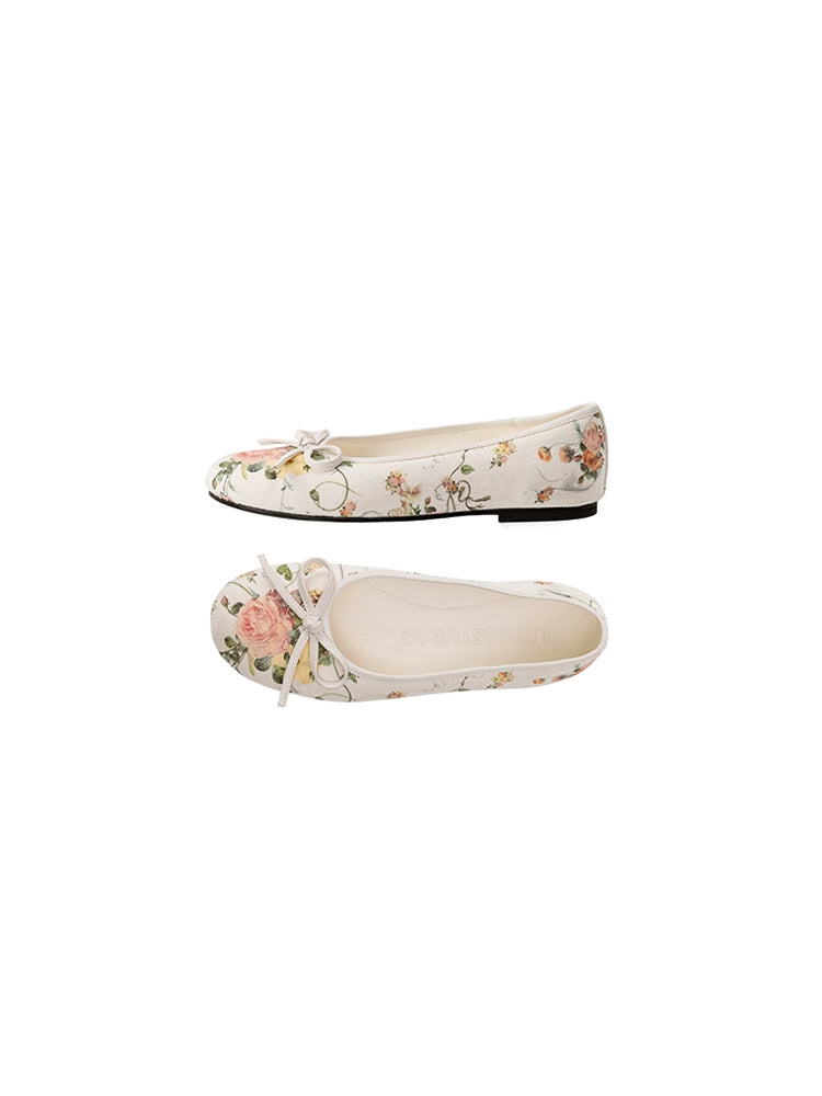 Three-Dimensional Bow Floral Canvas Ballet Flats with Sheepskin Lining