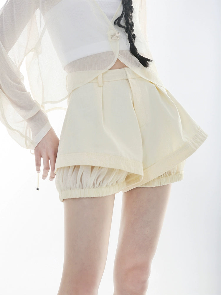 Crepe Spliced Flower Bud High Waist Wide Leg Shorts