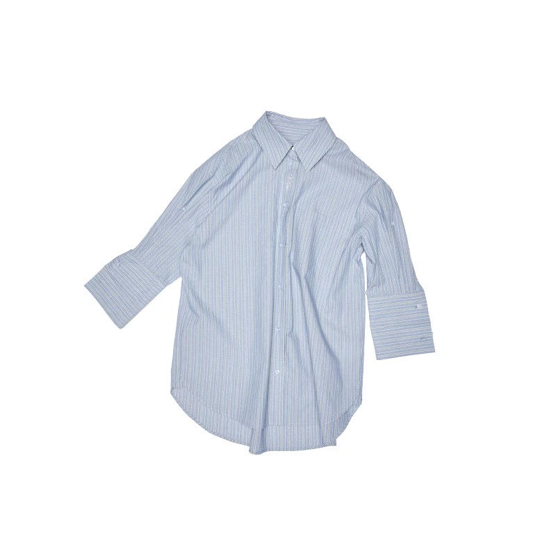 Loose Dropped-Shoulder Shirt Jacket with Striped Double-Bubble Shorts Set