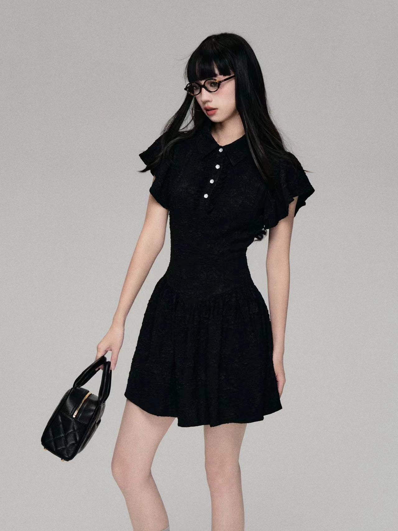 College Style Polo Neck A-Line Dress with Fly Sleeves