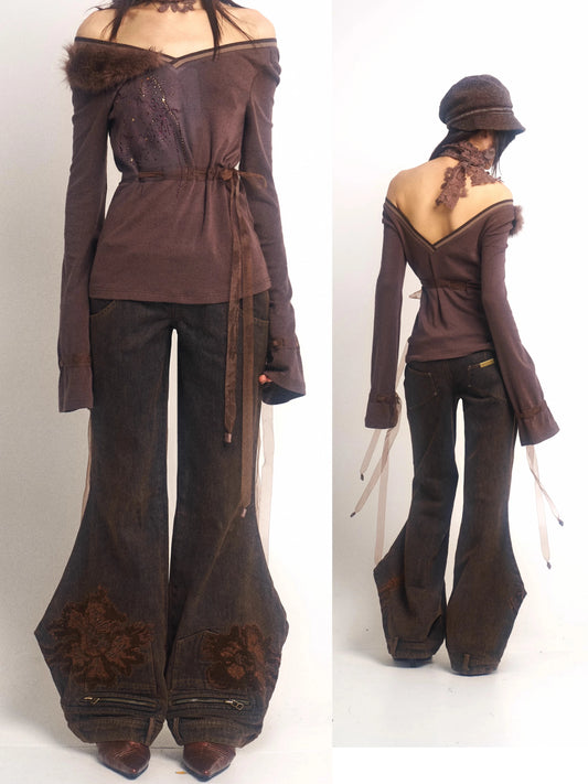 Lace Embroidery Washed Jeans – Waistband Cuff Detail