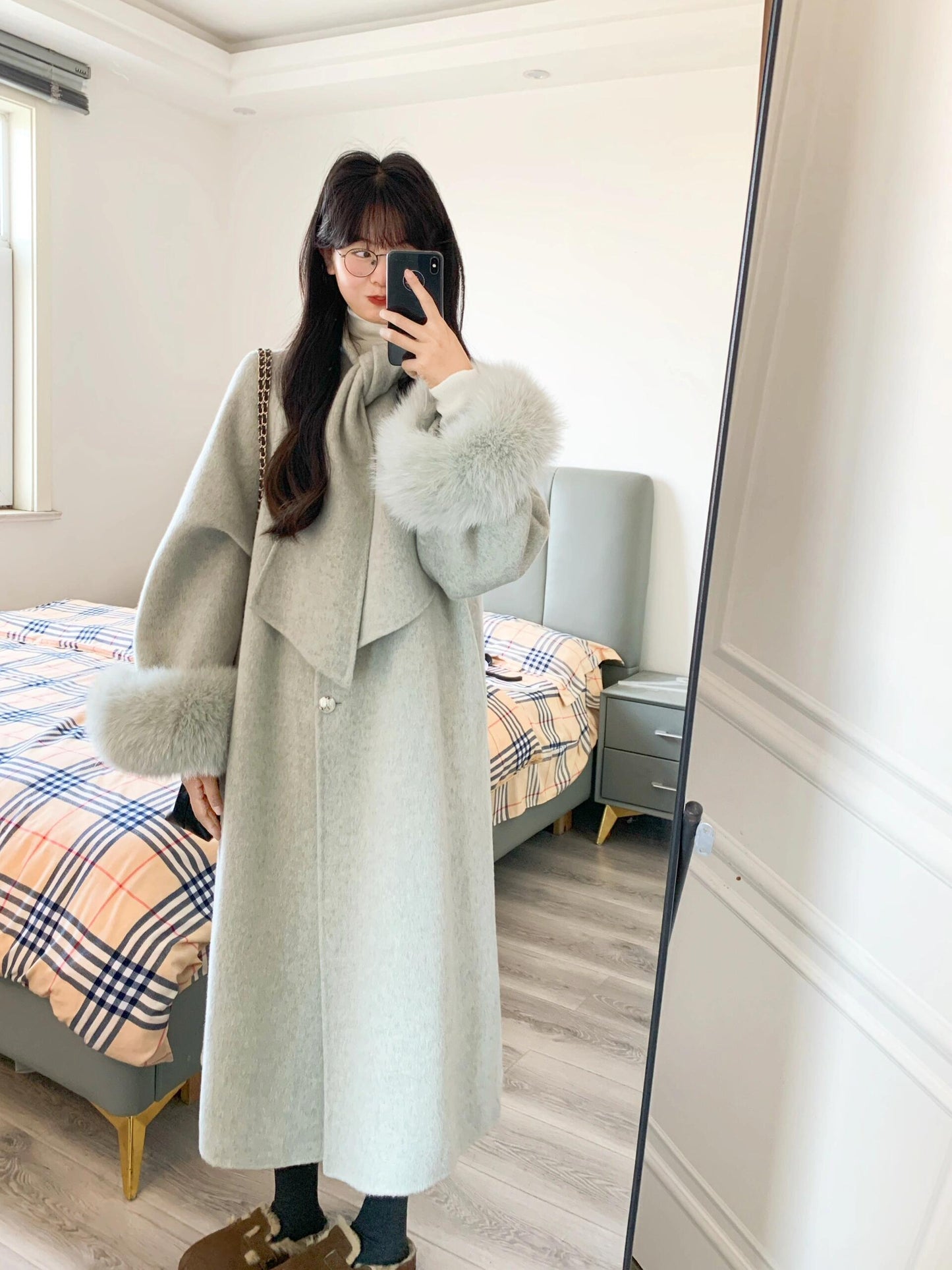 Green Double-Sided Cashmere Coat – Elegant Fox Fur Scarf Woolen Coat