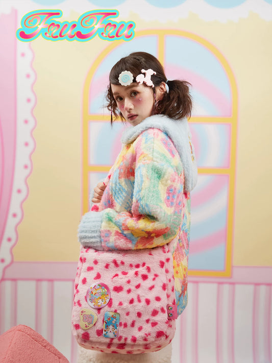 Gollum Store Girls' Room Autumn/Winter Pink Leopard Print Cute Beautiful Girl Crossbody Bag with Brooch