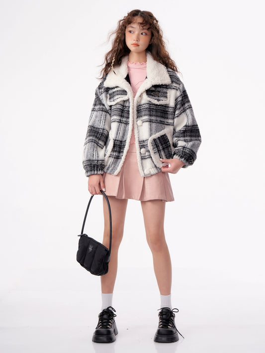 চেকার্ড উলের জ্যাকেট | ভেলভেট শিপস্কিন কলার রেট্রো ডিজাইন