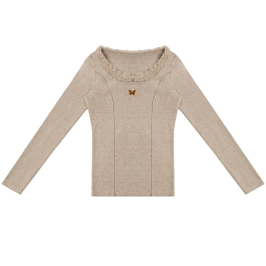 Butterfly Embroidered Khaki Knit Top | High Neck Slim Fit Design for Autumn/Winter