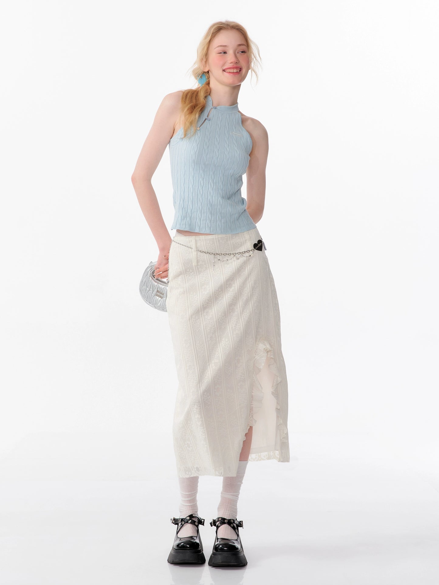 Jupe fendue en dentelle abricot | Taille haute, coupe ajustée, design à volants rétro d'été