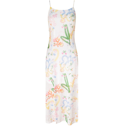 Robe à bretelles imprimé graffiti | Jupe longue rétro coupe slim printemps/été