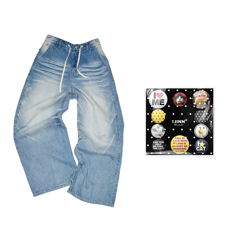 Light Blue Mud-Dyed Badge Wide-Leg Jeans – Vintage Scratched Wash Denim