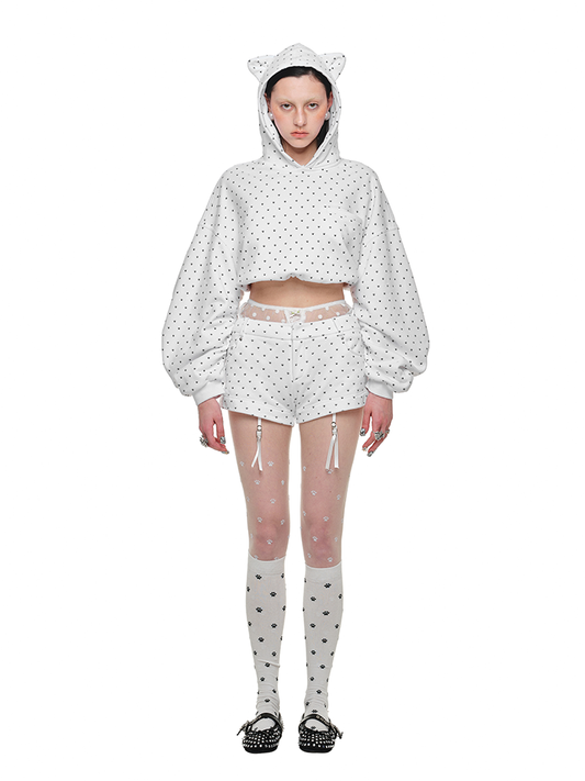 Cat Ear Cropped Hoodie – Heavyweight Polka Dot Fleece Crop Top