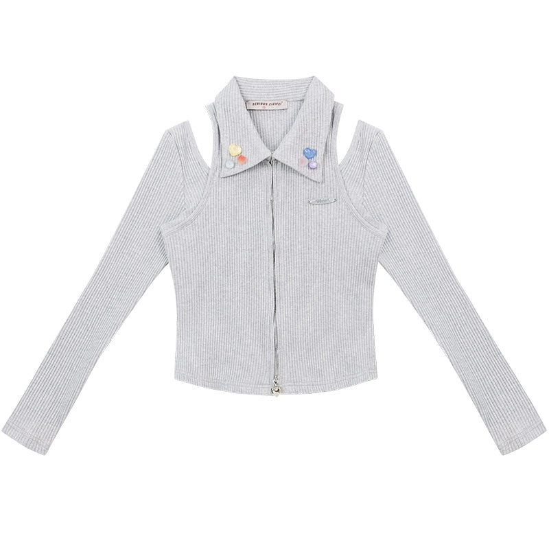 Топ с воротником-поло на молнии и текстурированной рубашкой с длинными рукавами для осенне-зимнего ретро-стиля