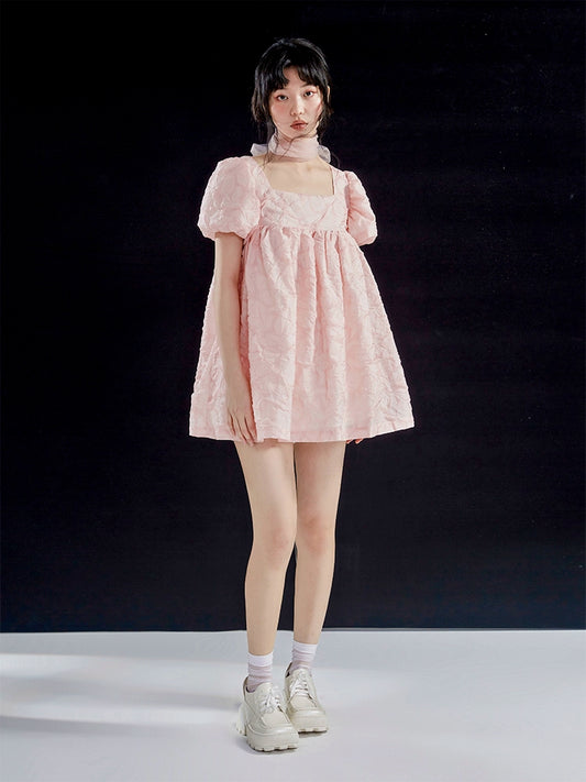 Original Pink Tulip Texture Bubble Sleeve Doll Dress