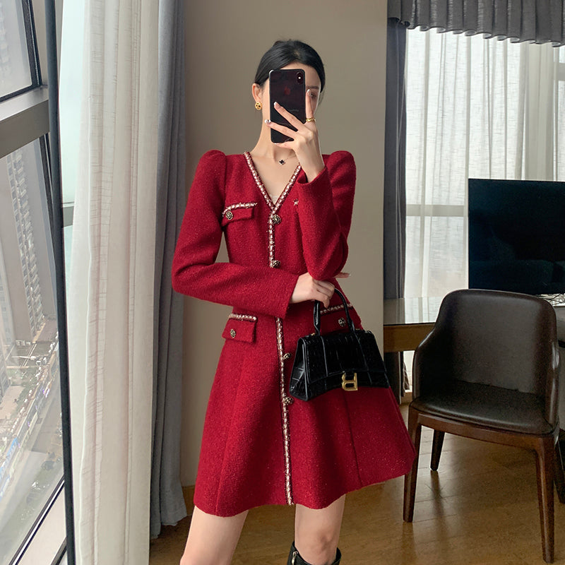 Red V-Neck French Waist Skirt