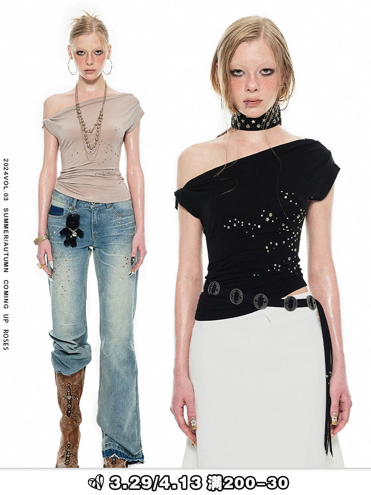 One-Shoulder Twisted Irregular Pleated T-Shirt – Studded Detail for Edgy Looks