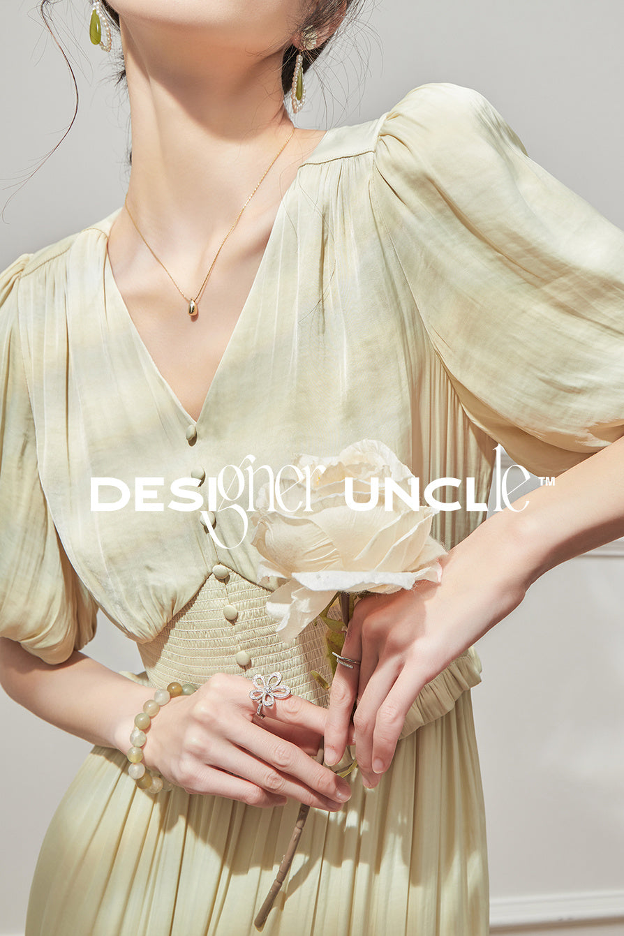 Retro French V-Neck Waistband Dress