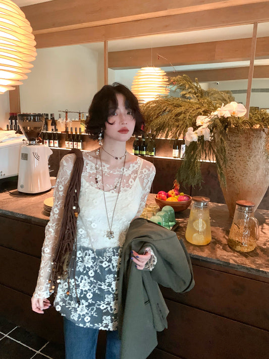 Apricot Mist Lace Embroidered Cover-Up & Camisole Two-Piece Set – French Retro