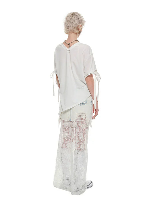 French Lace Panel Denim Maxi Skirt – Sheer Feminine Design