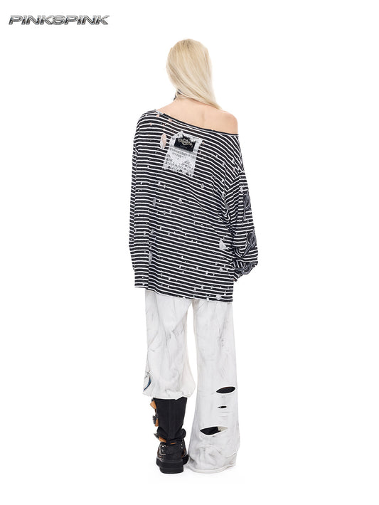 Rock Frog Stripe Lace Print Loose Y3K Sun-Protect Tee